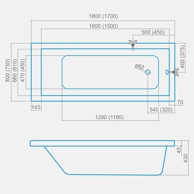 Nákres vany s rozměry